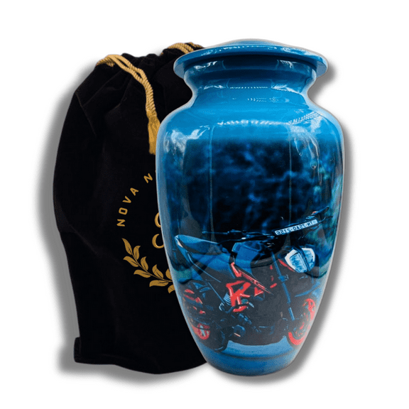 Nova Niche Blue Adult Cremation Urn for Human Ashes – Large Aluminium Memorial Urn with Motorbike Enthusiast Design with Velvet Bag