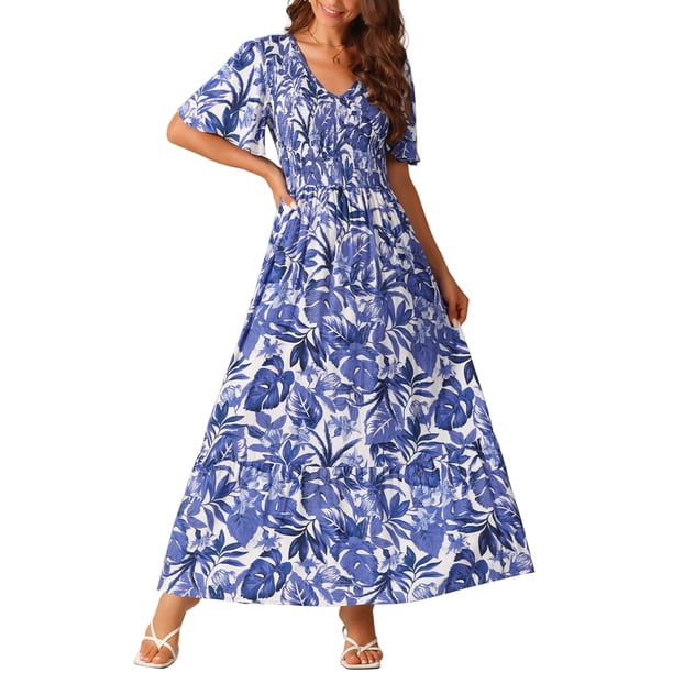 Vestido Maxi de Mujer Inspire Chic con Escote en V, Mangas de Volante, Capa de Volantes, Casual, Largo, Color Azul Marino, Talla M