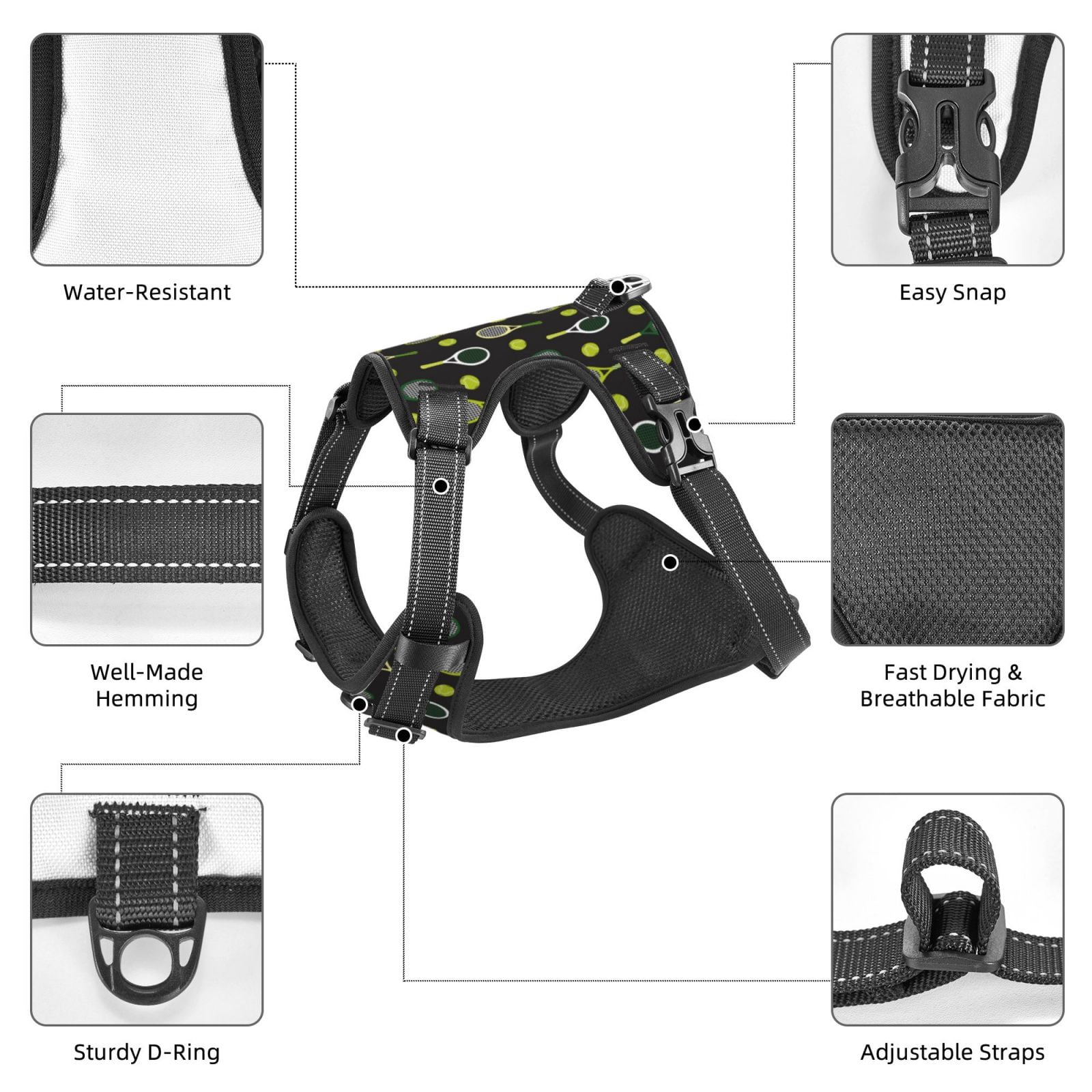 Fuzoiu Tennis Rackets Print Reflective Dog Harness,Adjustable, Breathable Pet Vest,Dog Harness No Pull,No Choke Pet Vest for Small, Medium, and Large Dogs-Small