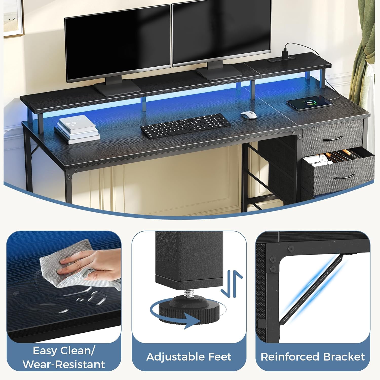 CONCETTA 40 Inch Computer Gaming Desk with 4 Drawers, Power Outlets and LED Lights for Home Small Spaces, Black