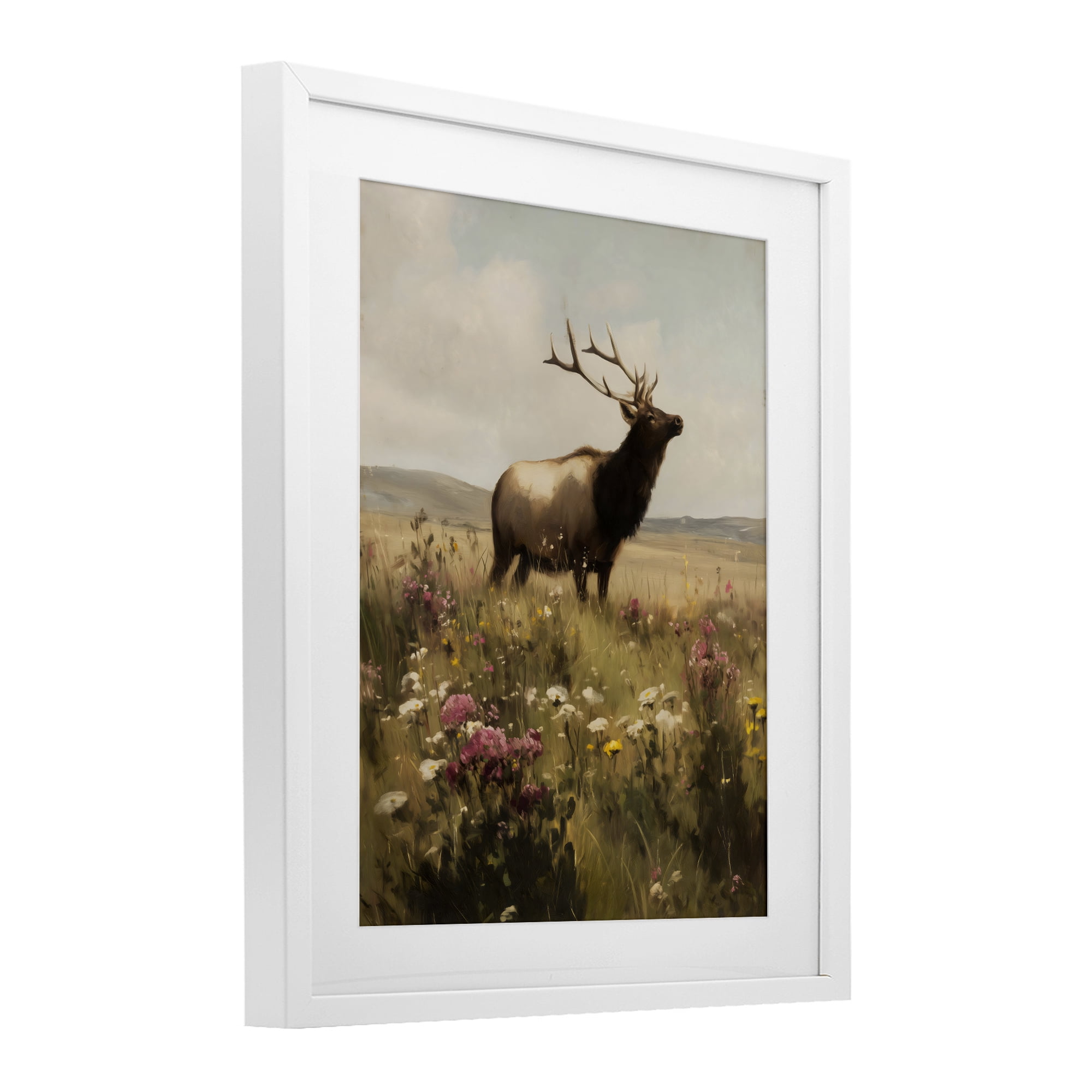 Stupell Industries Elk in the Wildflower Meadow White Framed Print Under Glass, design by Arlington Prints