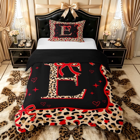 Manfei Cheetah Print Letter Monogrammed E Twin Bedding for Women Girls,Teens Adults Shabby Chic Red Ribbon Bow Duvet Cover Set,Black Reversible,Breathable Home Decor,2pcs,No Comforter