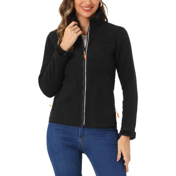 Chaqueta de forro polar con cremallera completa INSPIRE CHIC para mujer, abrigo de invierno de manga larga y cuello alto, color negro