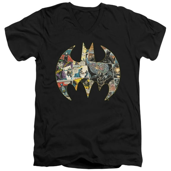 Batman Collage Shield S/S Adult V-Neck T-Shirt 30/1 T-Shirt Black