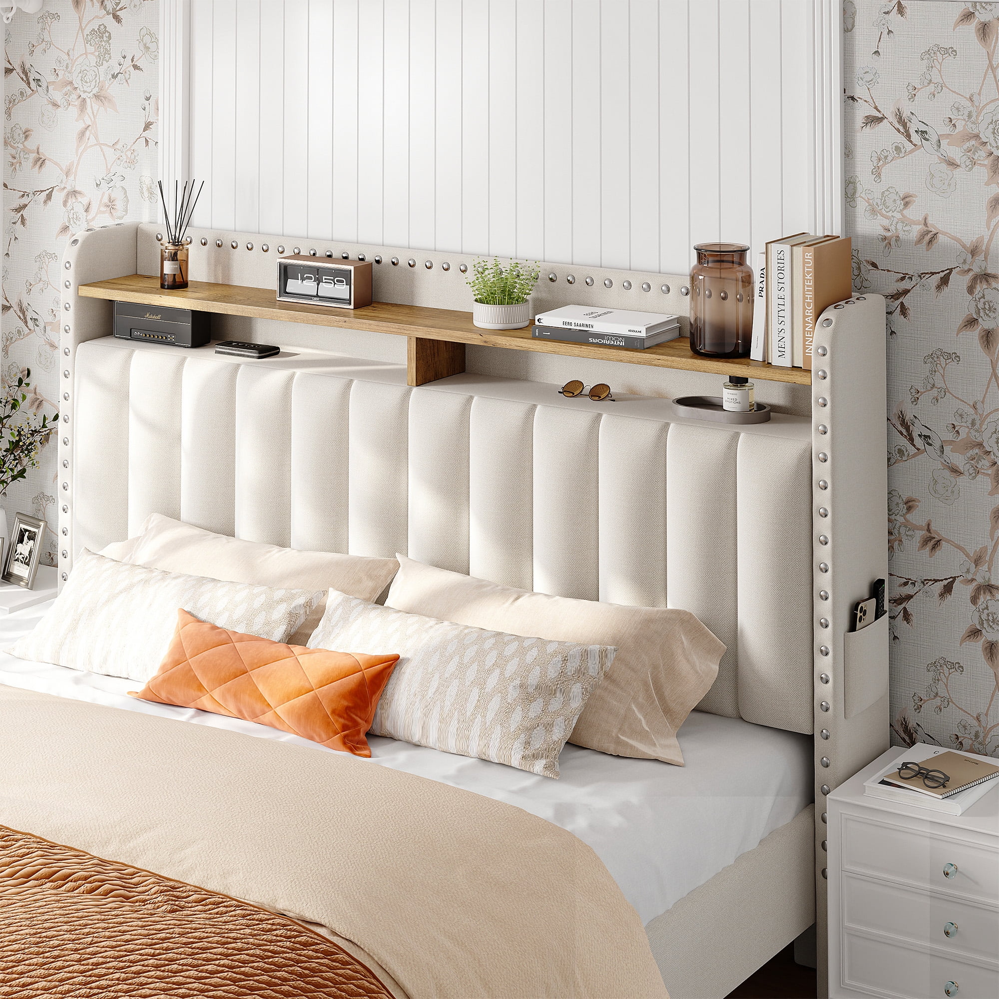 Bed Frame Full Size with Storage Headboard Upholstered Bed Frame with 2 Drawers & Side Storage Pocket,Beige