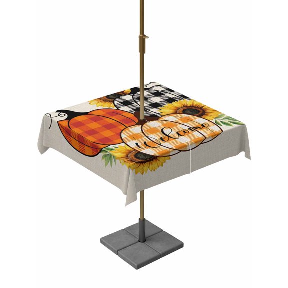 Outdoor Tablecloth with Umbrella Hole and Zipper, Thanksgiving Square Table Cloth 54x54 Inch Waterproof Tablecloth, Fall Rustic Colorful Plaid Pumpkin Sunflower Picnic Table Cover for Patio Camping