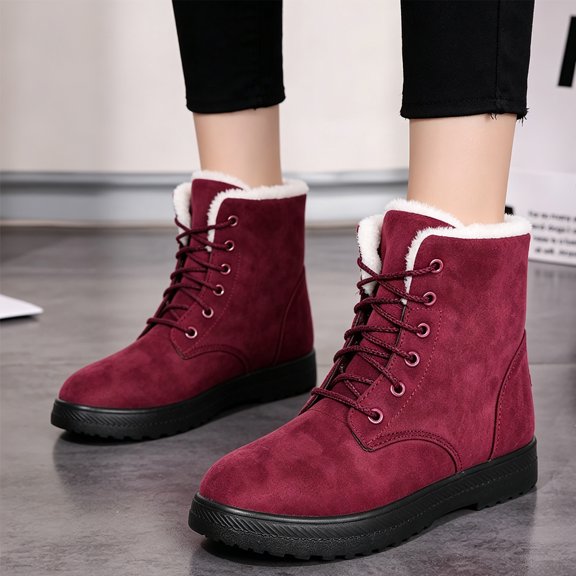 EKVAHL Women's Lace‑Up Winter Snow Boots, Faux Suede Walking Boots, Non‑Slip Cold Weather Outdoor Flat Casual Boots Red