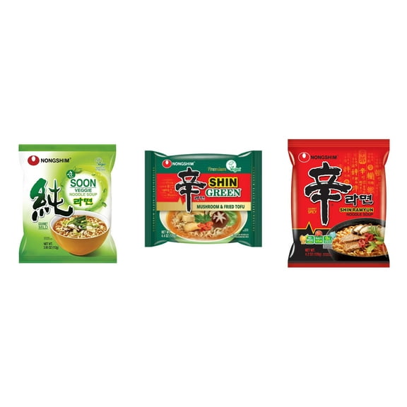3 Pack Korean NongShim Gourmet Spicy Shin Instant Ramen Noodle, 3 Flavors(Soon Veggie,shin Green,shin red) Plus NineChef Brand Long Handle Coffee Spoon