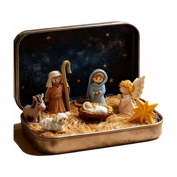 Dadiaei Mini Nativity Set In Tin Box Portable Religious Christmas Decor Holy Family Figurines Travel Friendly Holiday Gift for Mantel Shelf Or Stocking Stuffer