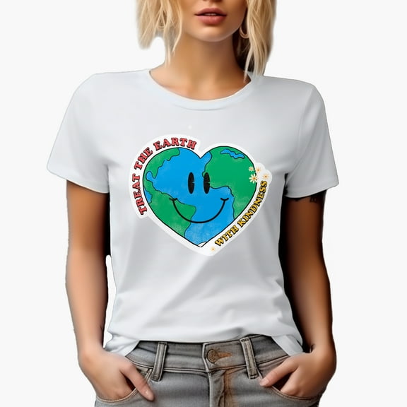 Treat the Earth with Kindness with Smiling Heart, Earth Day & Environmentalist Merch Gift, White T-Shirt, Small