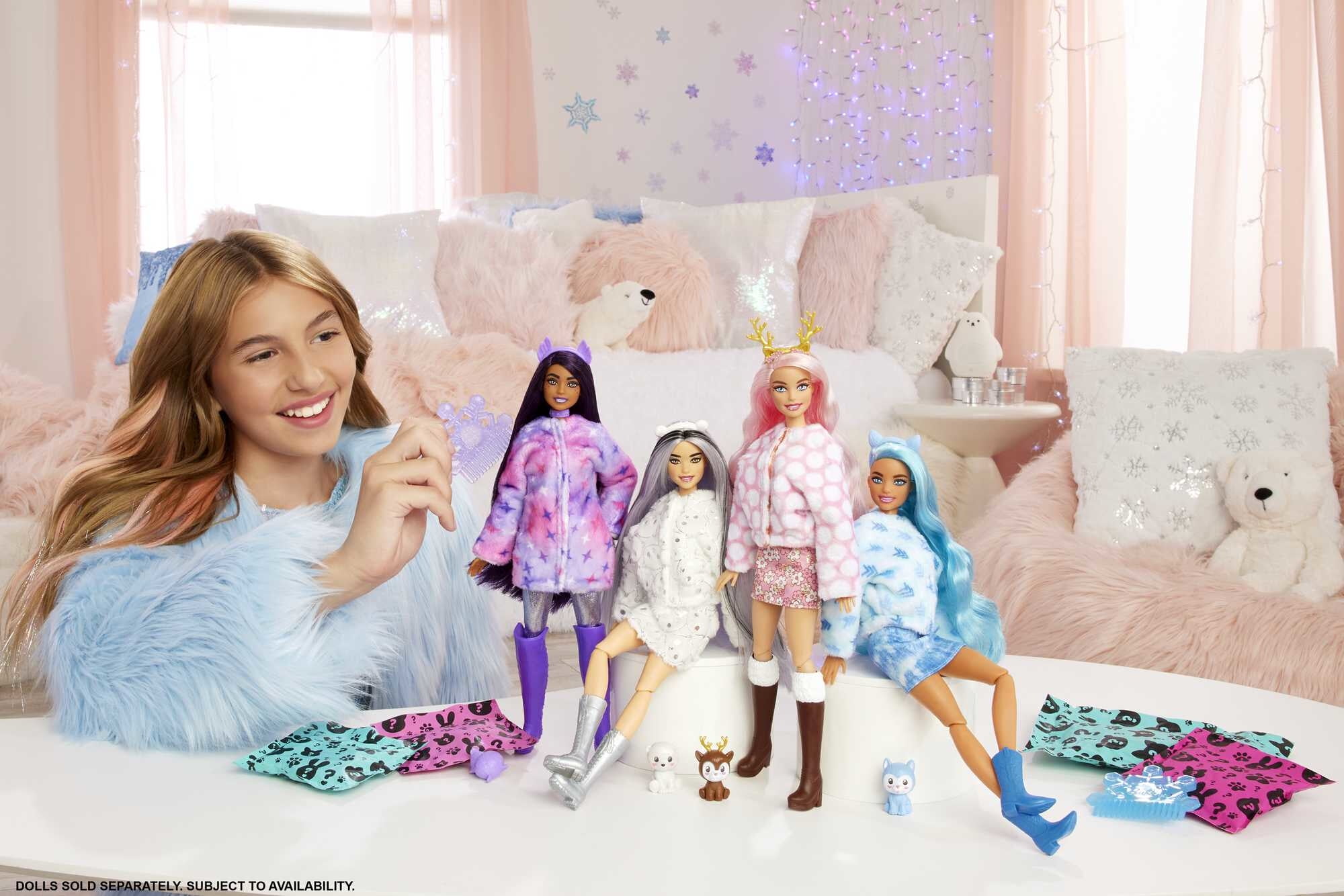 Barbie Cutie Reveal Snowflake Sparkle Fashion Doll with Husky Plush Costume, Mini Pet & Accessories