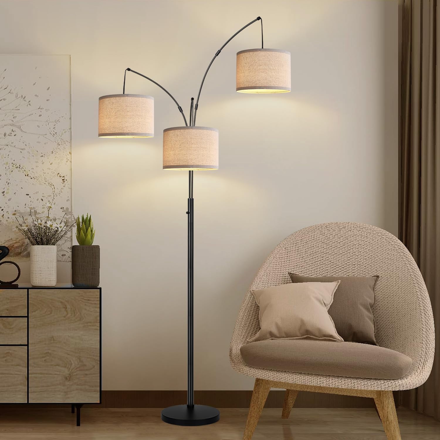 Dimmable Floor Lamp - 3 Lights Arc Lamps For Living Room  1000lm Modern Tall Standing With Beige Shades & Heavy Base Mid Century Tree Bedroom Office 3 Led Bulbs Included