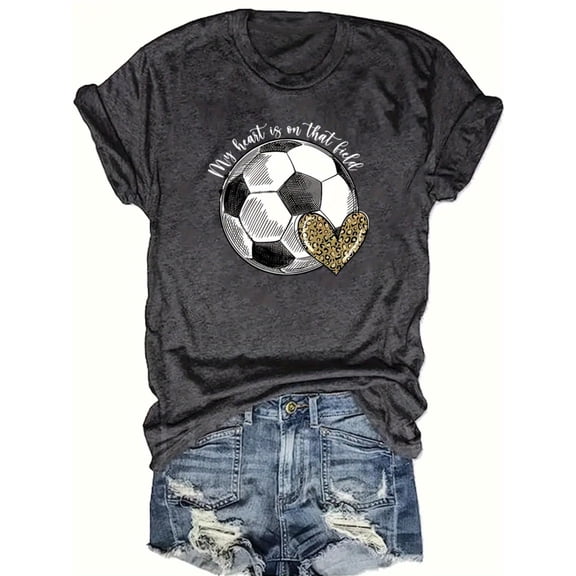 Women's Soccer Heart Graphic T-Shirt Retro Leopard Print Game Day Sports Tee My Heart Is On That Field Casual Short Sleeve Top