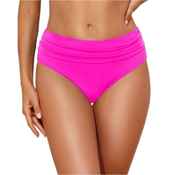 Women Mid Rise Bikini Bottoms Full Coverage Swimsuit Ruched Scrunch Swim Bottom Hot Pink M
