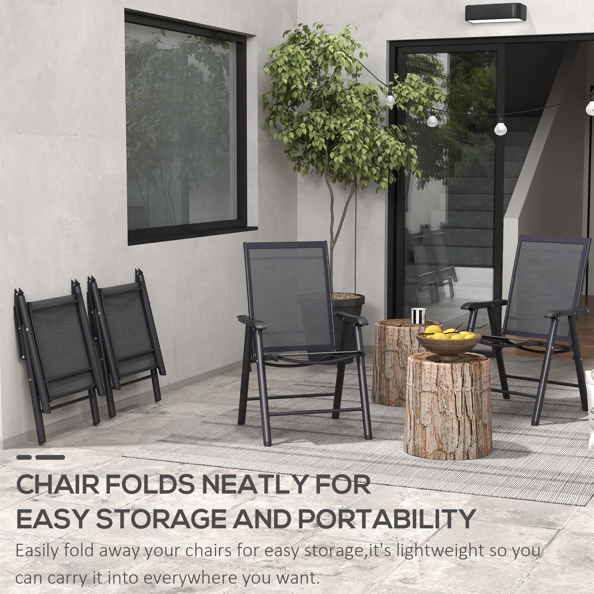 Set of 4 Patio Folding Chairs, Stackable Outdoor Sling Patio Dining Chairs with Armrests for Lawn, Camping, Dining, Beach, Metal Frame, No Assembly, Black