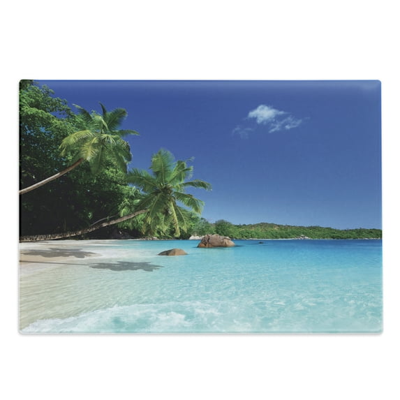 Ocean Cutting Board, Sunny Horizon Skyline Water Isolated Beach at Prislin Island, Decorative Tempered Glass Cutting and Serving Board, Large Size, Turquoise Green Blue, by Ambesonne
