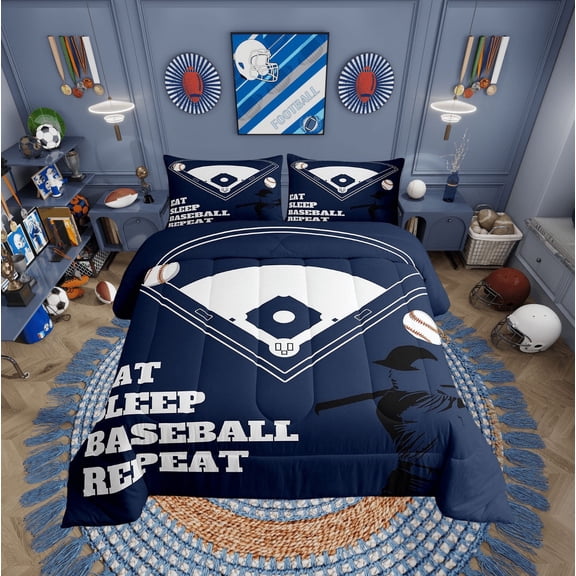 Erosebridal Baseball Comforter Sets Twin Size for Teens, Ball Print Comforters & Duvets, Eat Sleep Decor, Reversible 2pcs