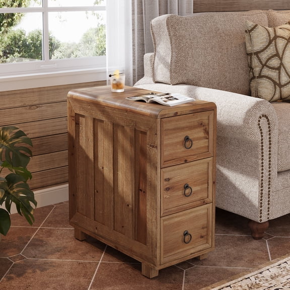 Finmind Solid Wood End Table, Farmhouse Side Table with 3 Drawers, Narrow Bedside Nightstand for Small Spaces, Bedroom, Living Room, Brown