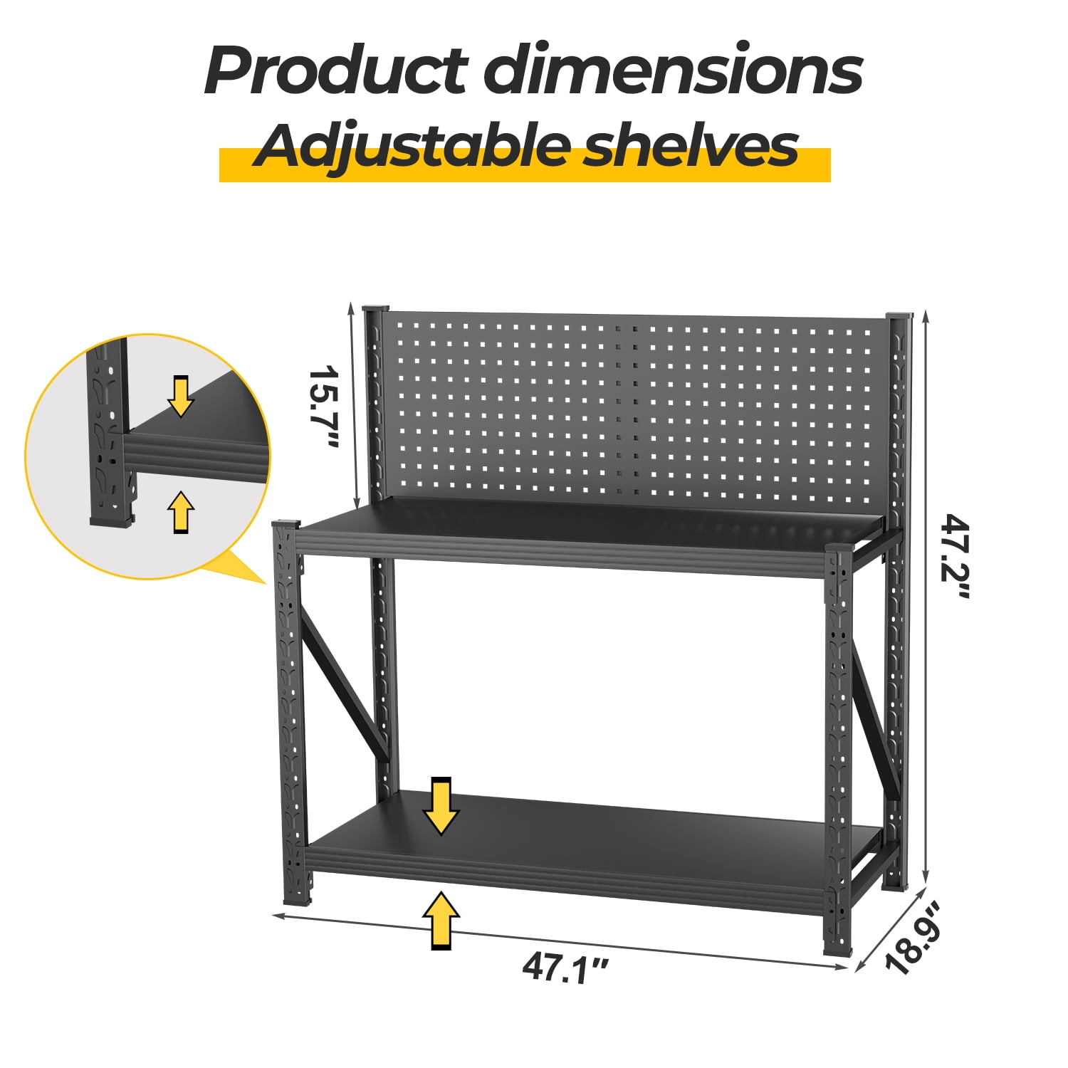 Mintazer Metal Storage Shelves with Pegboard and Wheels, 47"W Heavy Duty Garage Storage Rack with Adjustable Shelves for Home Office Kitchen Warehouse Factory, Black
