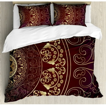 Mandala King Size Duvet Cover Set, Vintage Ethnic Asian Spiritual Cosmos Pattern with Swirled Floral Leaves Artwork, Decorative 3 Piece Bedding Set with 2 Pillow Shams, Burgundy Gold, by Ambesonne