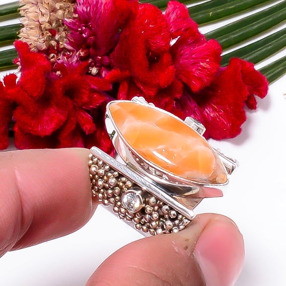 Orange Calcite- Peru & White Topaz Designer Handmade 925 Sterling Silver Ring s.6 Sku45, Orange Ring, Natural Gemstone Ring
