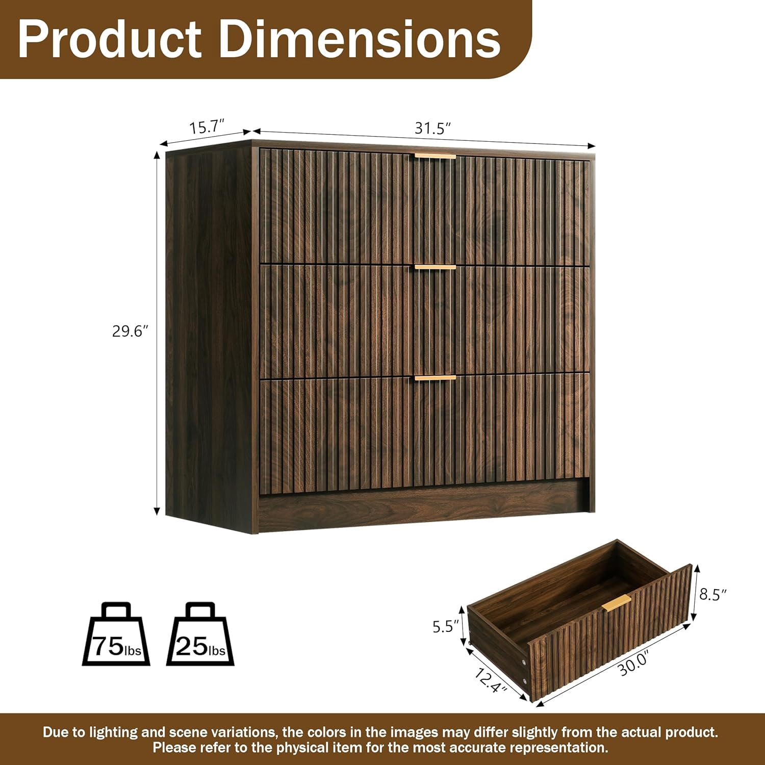 Walnut Dresser for Bedroom, Modern Dresser with 3 Drawers and Smooth Slides, Wide Chest of Drawers with Golden Handles for Bedroom, Living Room, Closet, 15.7" D x 31.5" W x 29.6" H