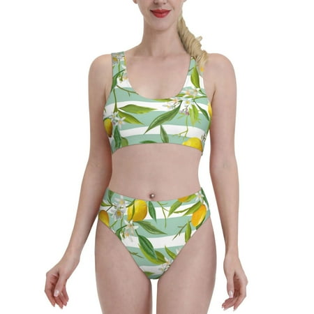Qekee Lemon Two Piece Swimsuit for Women  Sporty High Waisted Bathing Suit for Beach  Parties  Surfing - Small
