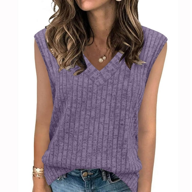 Frostluinai Ribbed Tank Tops for Women V Neck Sleeveless Summer Tanks Solid Color Loose Fit Tanks Soft Casual Tanks Going Out Tee Tanks
