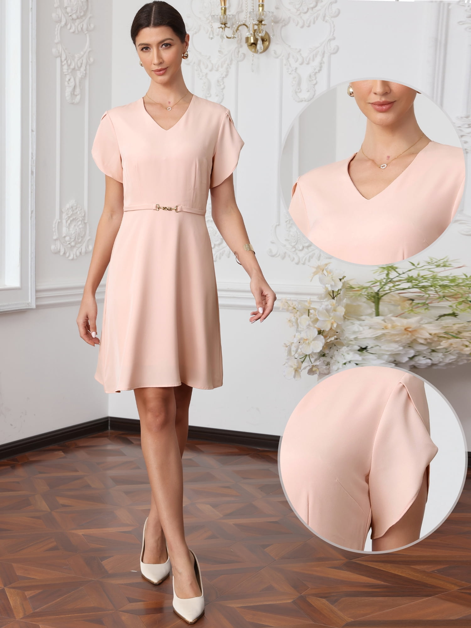 DARING DIVA Women's Short Sleeve Dress Wedding Guest Semi Midi Dresses S Pink