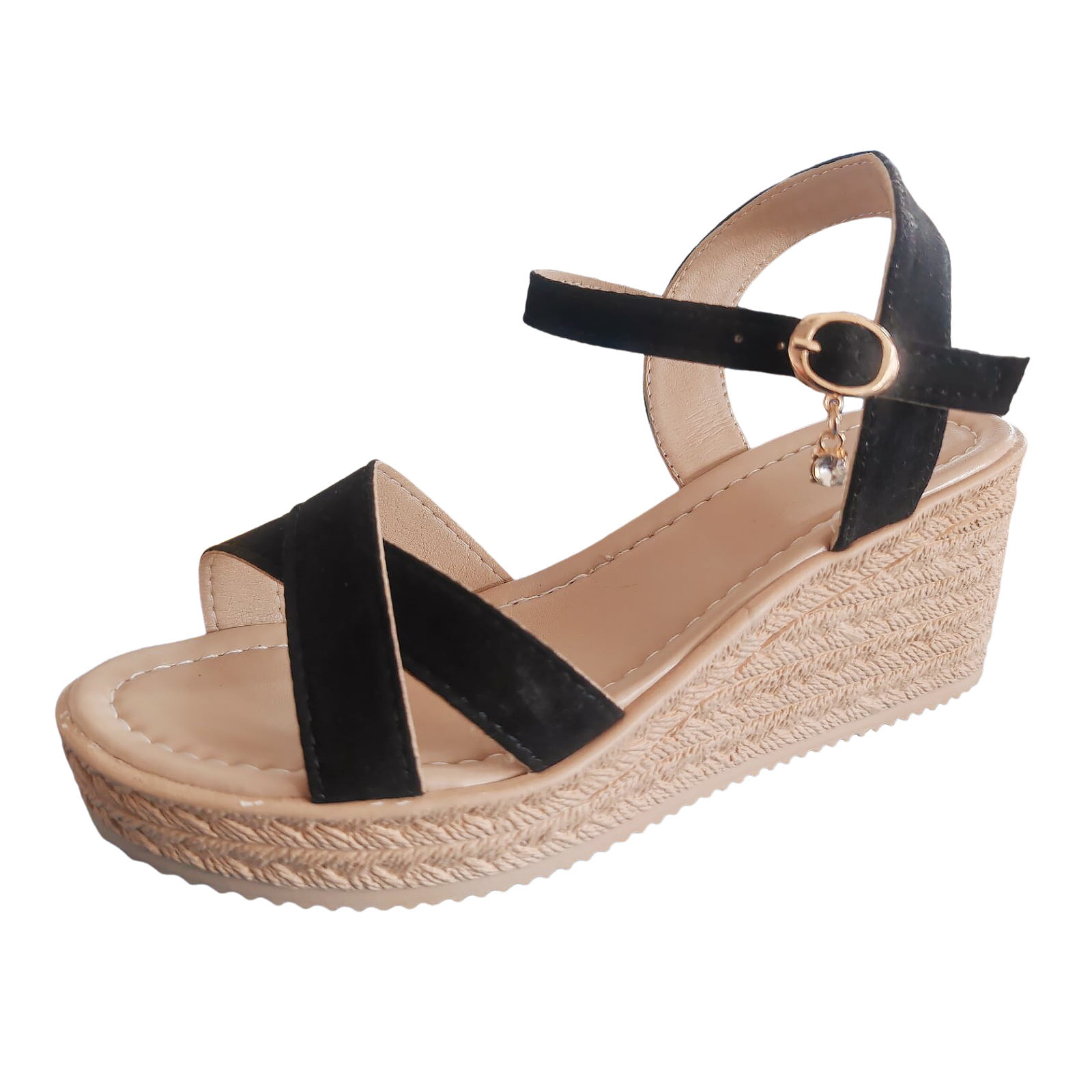 Adult Women Sandal Women s Jelly Sandals Ladies Summer Solid Colour Thick Bottom Rhinestone Pendant High Heel Buckle Large Size Slope Heel Female Sandal Black 8 Walmart