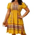 thumbnail image 3 of XUNKUSGA Summer Plus Size Dresses Vintage Print Boho Dress Classic Crewneck Puff Sleeve Beach Dresses for Women Fashion Split Hem Sun Dresses Women,Yellow,M, 3 of 7