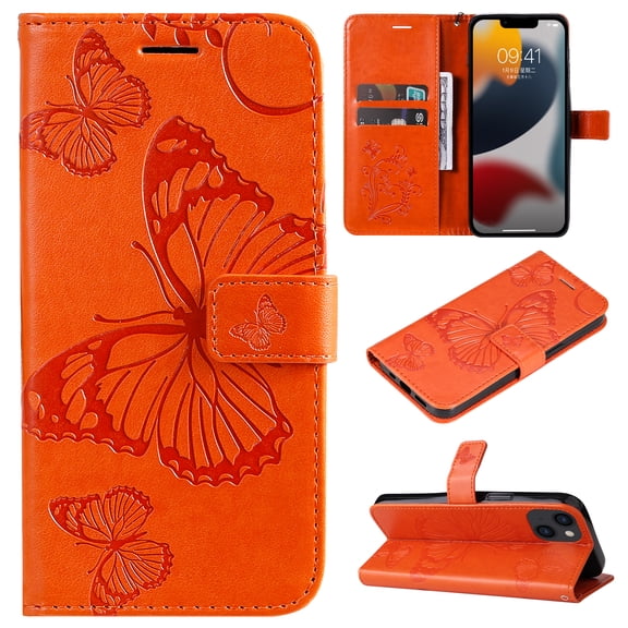 Nalacover For iPhone 15 Plus Case,Slim Embossed Butterfly PU Leather and Soft Inner TPU Flip Kickstand Magnetic Closure Card Slots Wallet Shockproof Cover with Wrist Strap,Orange