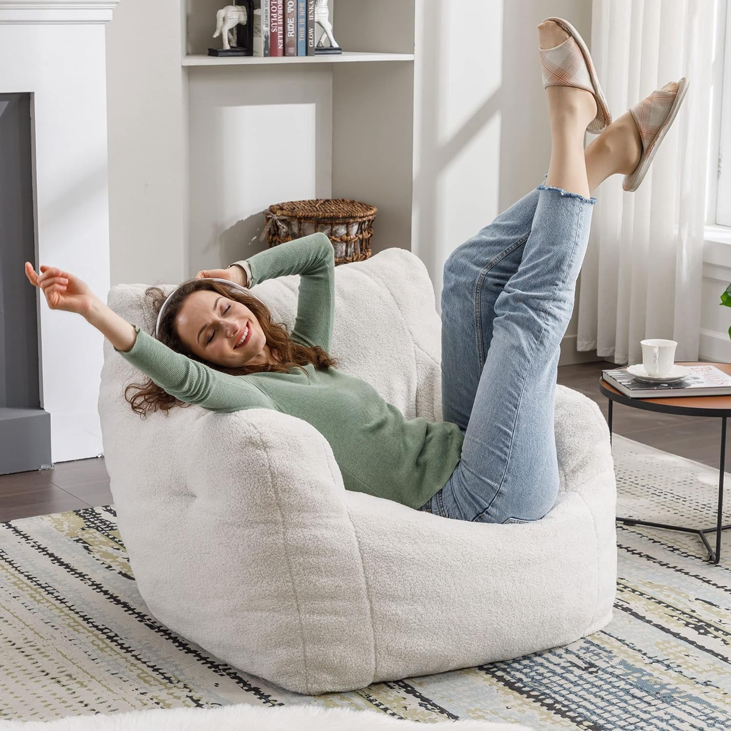 3FT Bean Bag Chair for Adult Teens Kids(with Filler) Furniture - Soft Teddy Fabric Lazy Sofa Chair - Bean Bag Lounger  Chairs for Living Room Bedroom Dorm Room (Ivory)