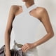thumbnail image 3 of Camisa sin mangas con cuello halter de color puro para citas, oficina y compras - Blanco, talla L Top de punto ajustado con hombros descubiertos, 3 of 5