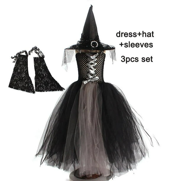 Disfraz gótico de bruja fantasma de Halloween para niñas, Vestido de manga acampanada para niños, bata de tutú con sombrero de bruja para Purim, fiesta de Carnaval