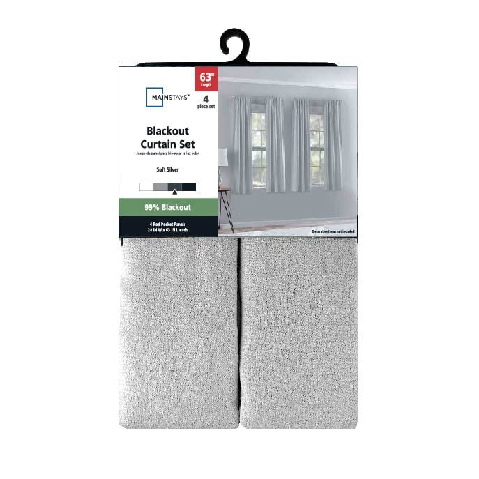 Mainstays 4 of a Kind Blackout Curtain Panels, Set of 4, Soft Silver, 28" W x 63" L