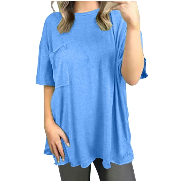 Yuyuzo Hauts d'Automne pour Femmes Manches Courtes Décontracté Ample Confortable Col Rond T-Shirts Unis