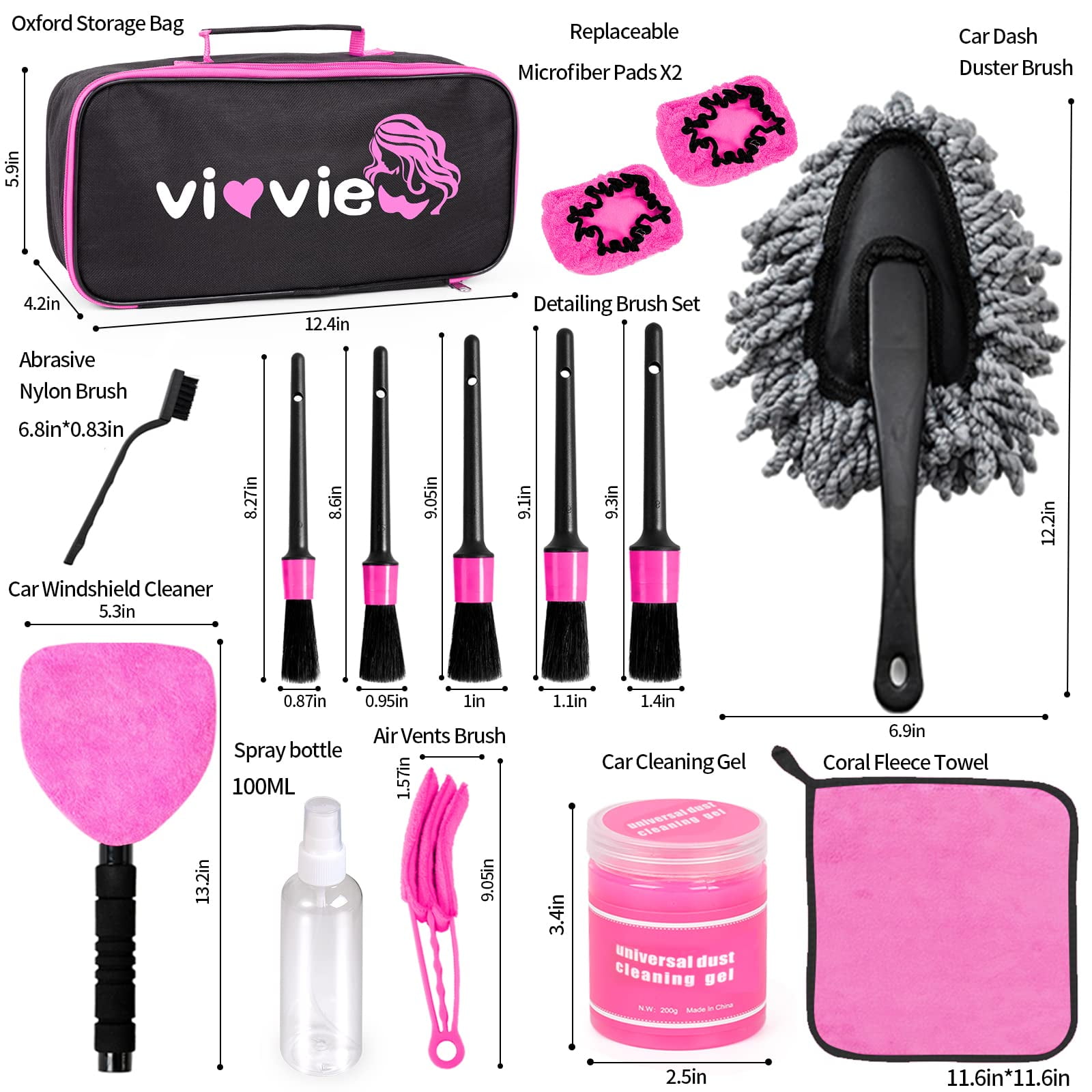 vioview Pink Car Cleaning Kit, Car Detailing Kit Interior Cleaner with Windshield Cleaning Tool, Detailing Brush Set, Complete Car Cleaning Supplies for Windows, Dashboard, Air Vents