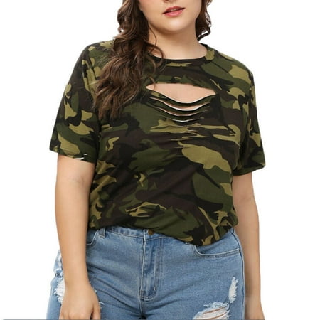 Camouflage Fashion - Tuscom Fashion Women Casual O-Neck Plus Size Camouflage Hollow Out Tops T-Shirts