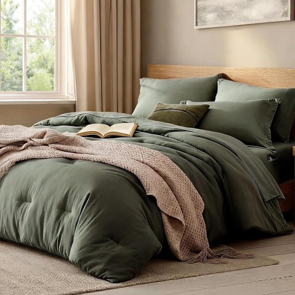 Oversize Queen 7-Piece Comforter Set with Sheets Pillow Shams and Pillowcases Alpine Olive