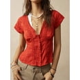 thumbnail image 5 of Women'S Lace Trim V Neck Blouse Short Sleeve Shirred Shirt Tops Summer Vacation Clothes Orange Color XL, 5 of 8