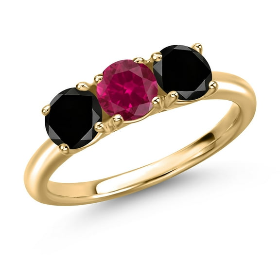 Gem Stone King 10K Yellow Gold Red Created Ruby and Black Diamond Engagement Ring for Women | 1.70 Cttw | Round 5MM | Gemstone July Birthstone | Size 9