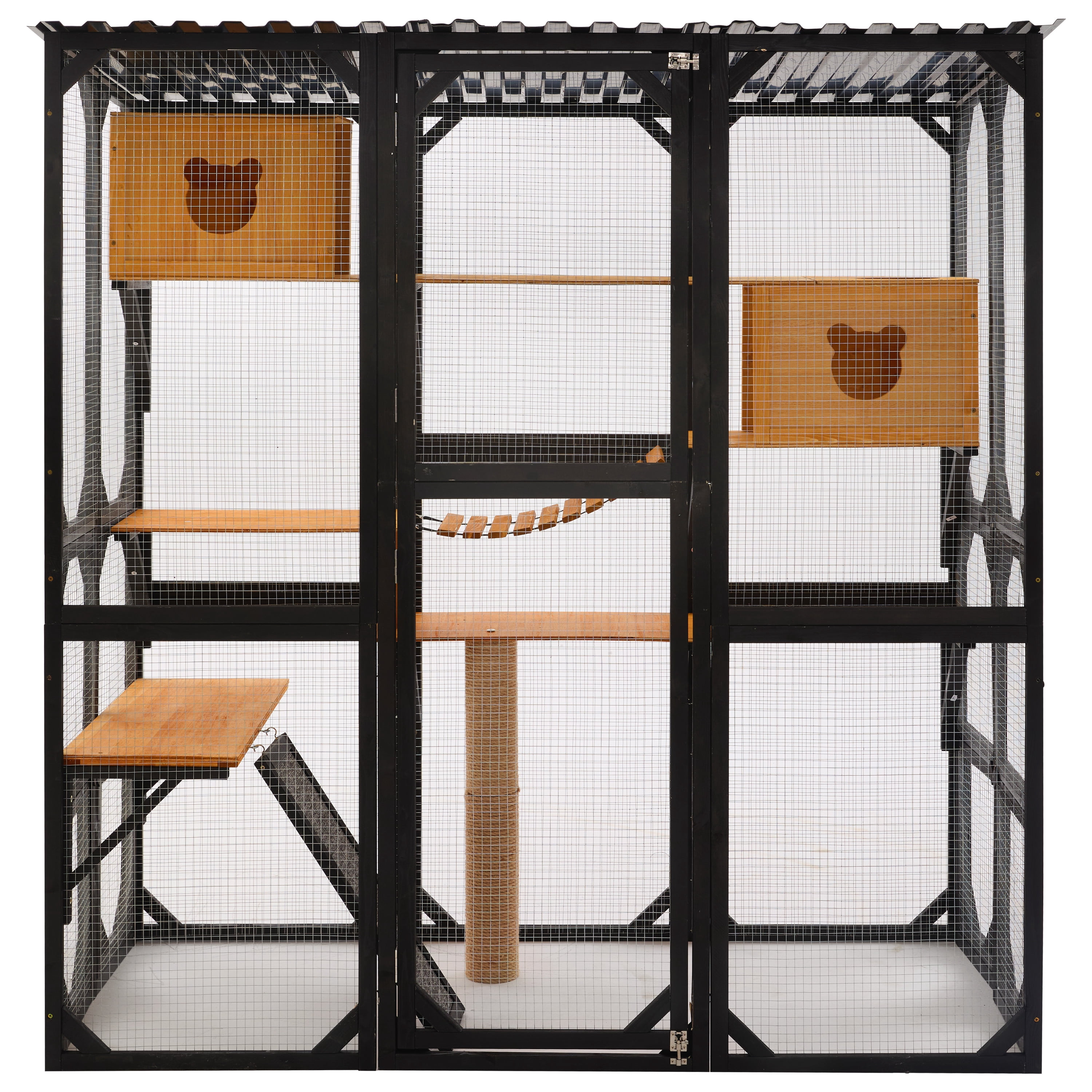 LiviNest Outdoor Cat Enclosure Catio: 7-in-1 Cat Playpen with 2 Houses & 5 Platforms - 67"L x 33.9"W x 70"H Fir Wood Cat House for Backyard Patio & Indoor Use - Secure Metal Mesh & Scratching Post fo