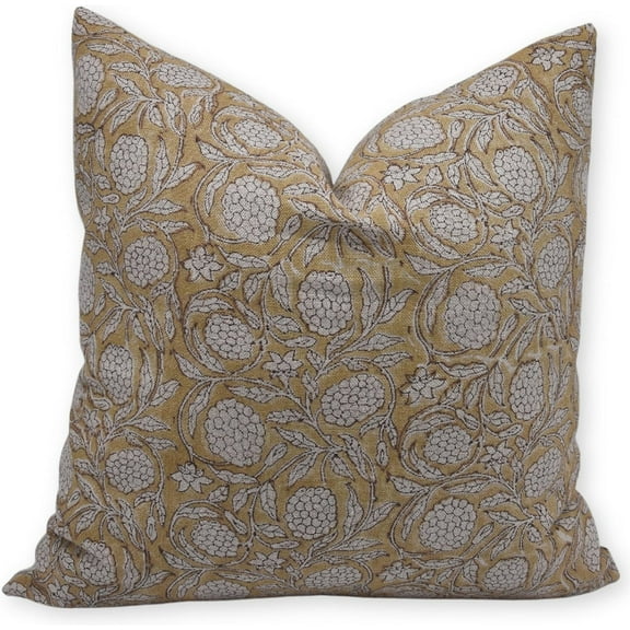 Fabdivine Block Print Throw Pillow Cover, 14x14 Inch Thick Linen Handmade Cushion Cover, Floral Print Boho Design Mustard Pillow Cover for Sofa and Couch