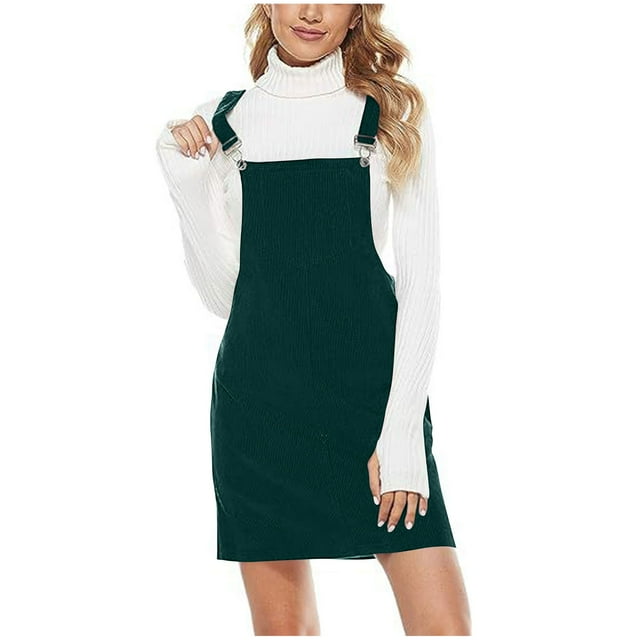 KIHOUT Women's Pinafore Skirt Overalls Summer Adjustable Straps Ladies Ribbed Short Dress with Pockets