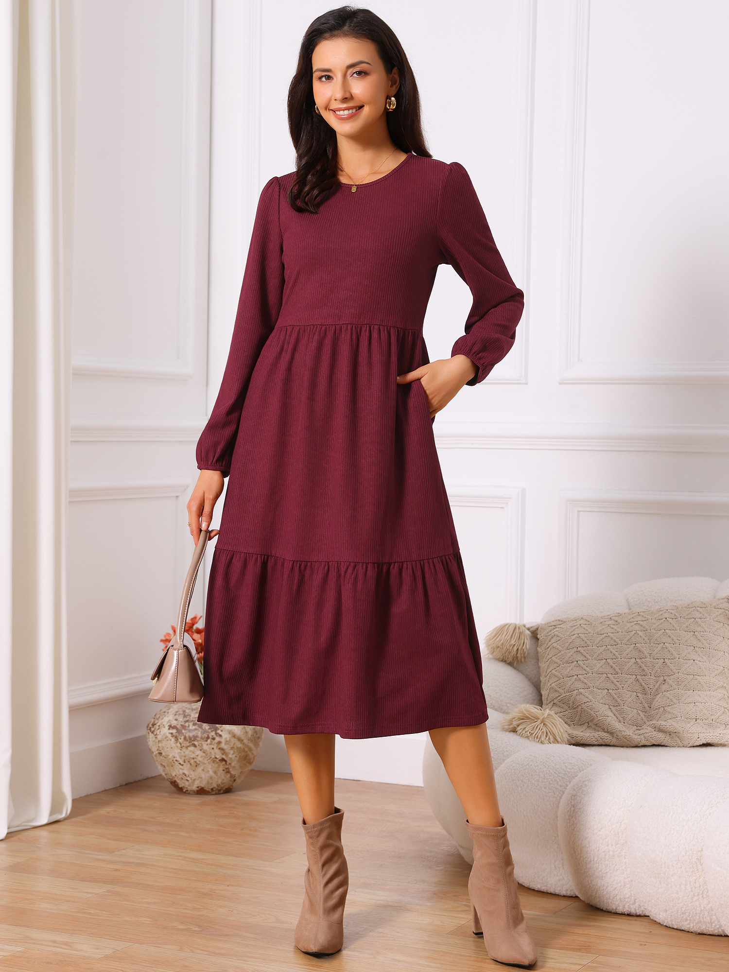 DARING DIVA Tiered Long Sleeve Round Neck Knit A-Line Midi Dress S Burgundy