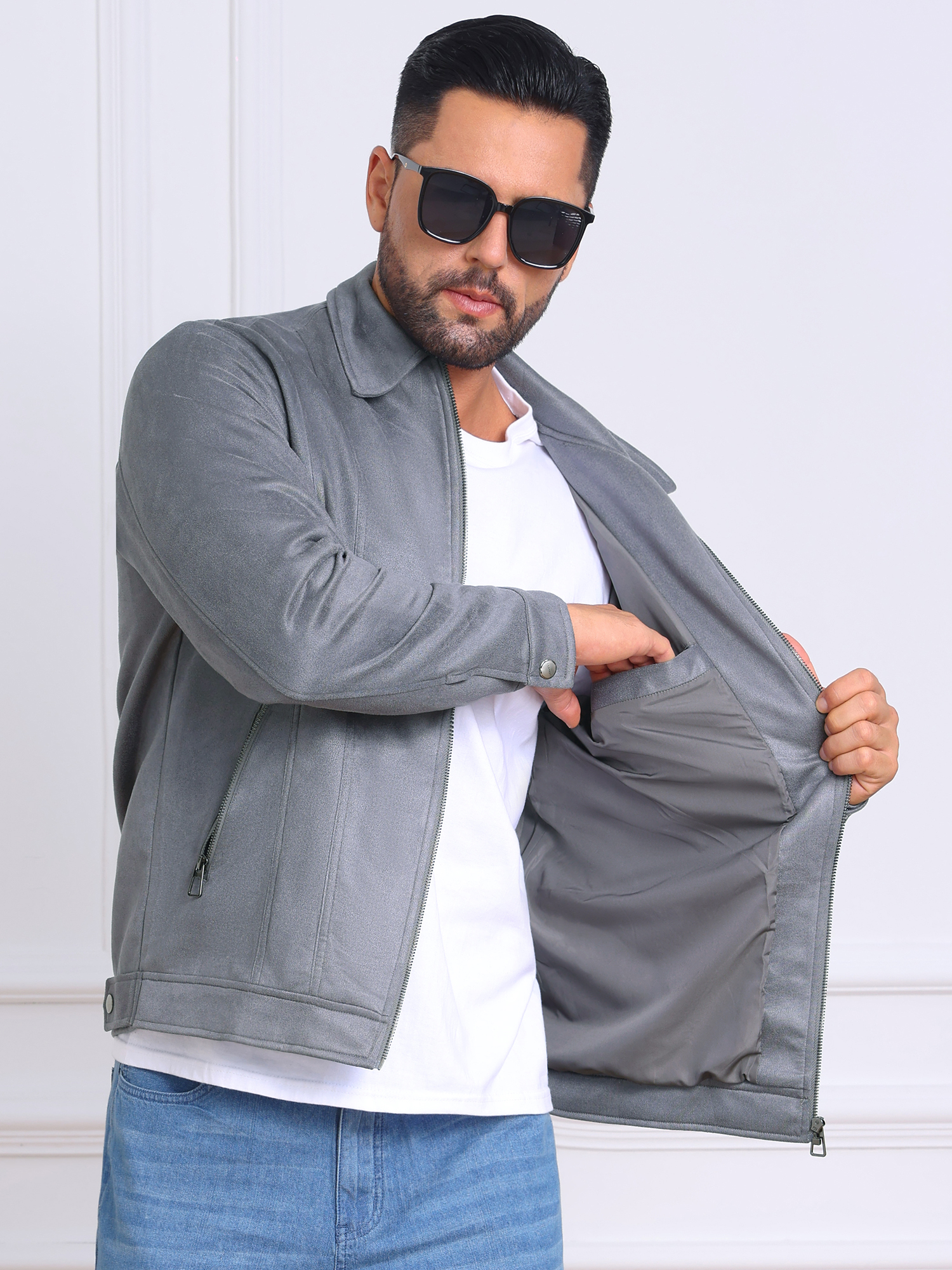 DARING DIVA Men's Collared Zipper Outdoor Wear Vintage Suede Jacket 2XL Gray