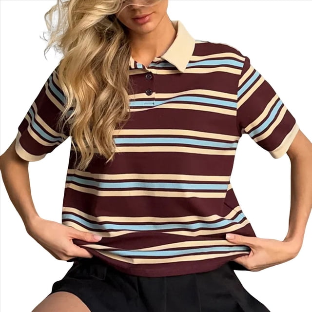 Blusas Informales de Corta para Mujer, Estilo Ejecutivo, con Cuello en V, para Verano, 2025, con Cuello Básico Ajustado Marrón Oscuro S