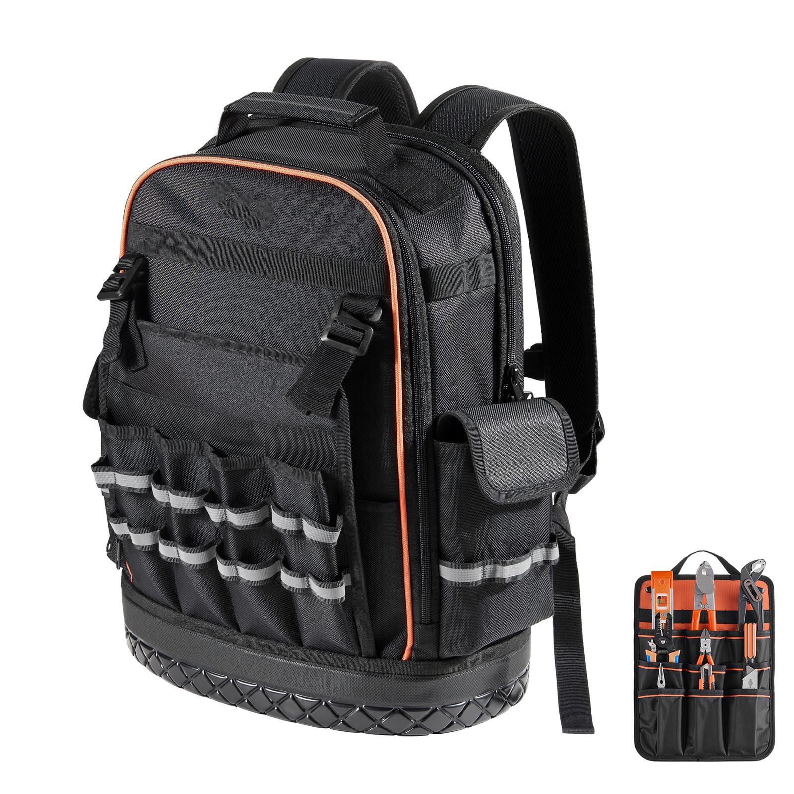 Tool Backpack 64 Pockets, 70 lbs Capacity, Heavy-Duty Oxford Fabric, Laptop Compartment, Molded Base, for Electrician Plumber HVAC