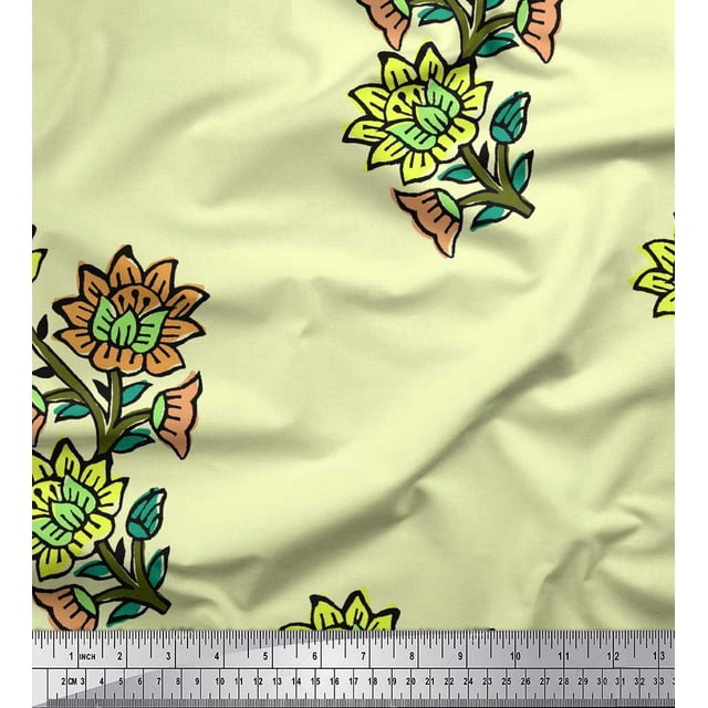 Soimoi Poly Georgette Fabric Leaves & Floral Block Print Fabric by Yard 42 Inch Wide